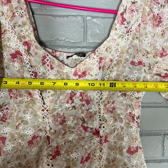 Lulumari Floral Eyelet Corset Style Puff Sleeve Chiffon Semi Sheer Blouse Med - Picture 11 of 12